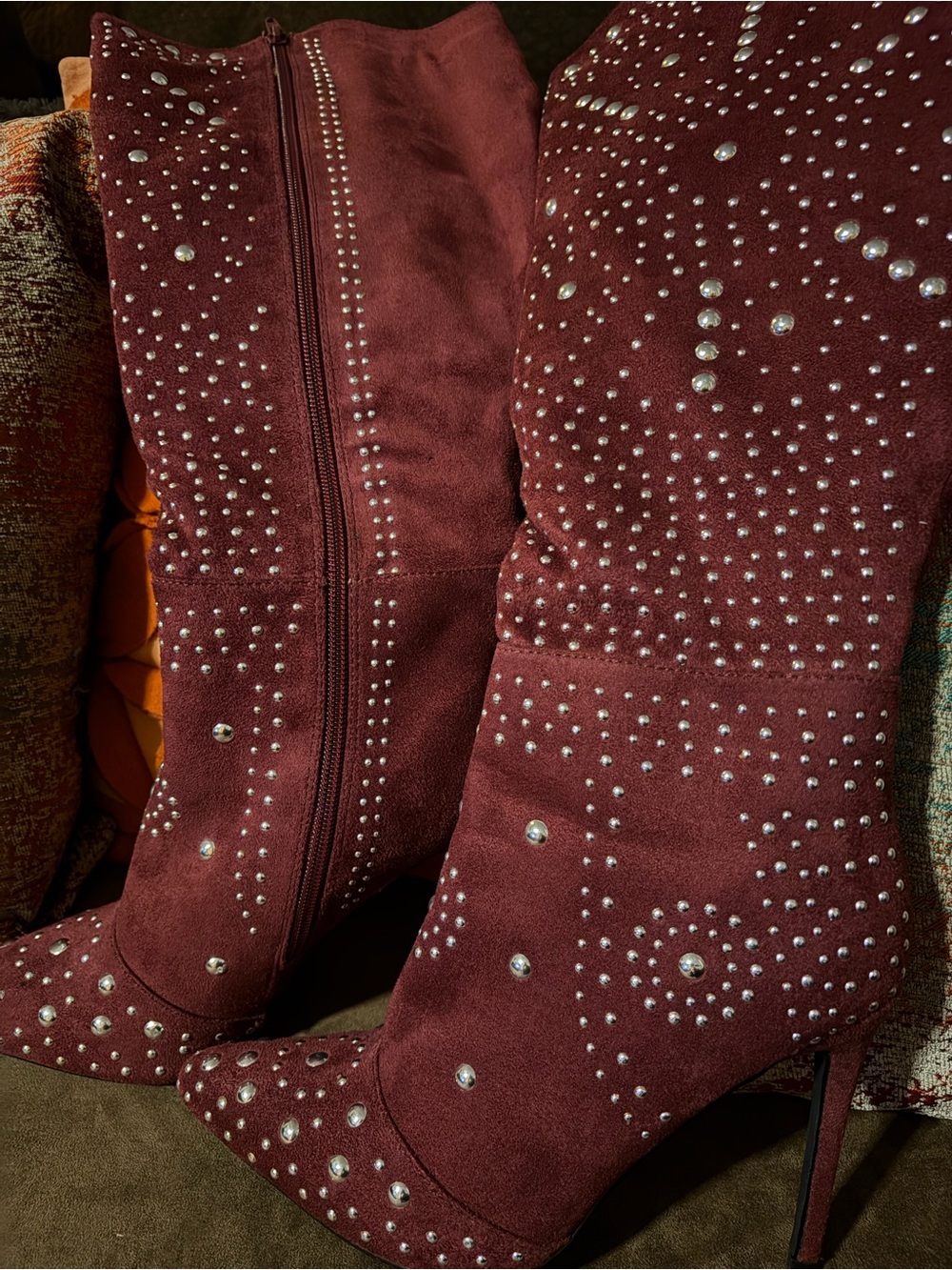 Burgundy Suede Knee-High Boots with Crystal Studs - Picture 4 of 5